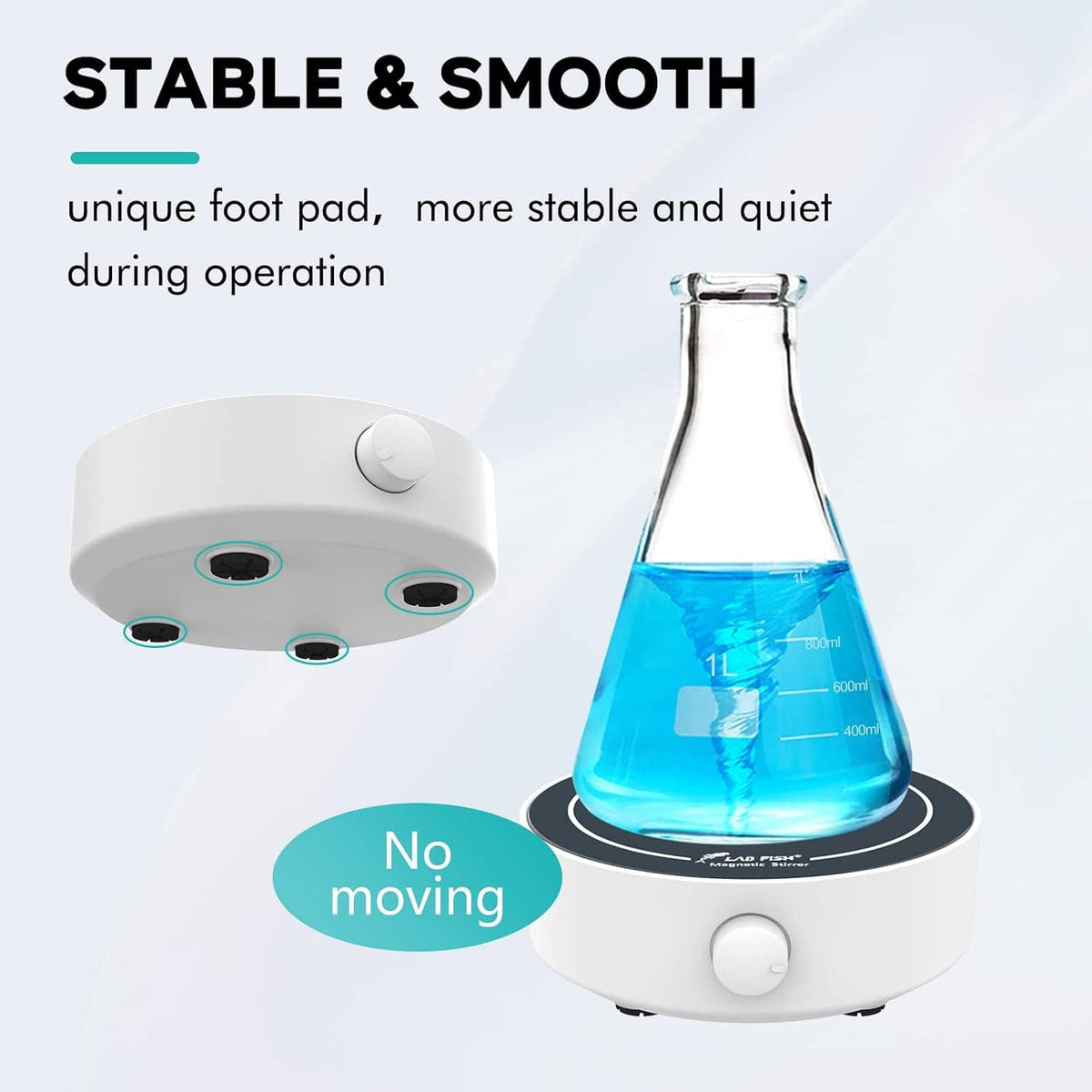 Magnetic stirrer with flask of blue liquid on dark stir plate; smooth stable base