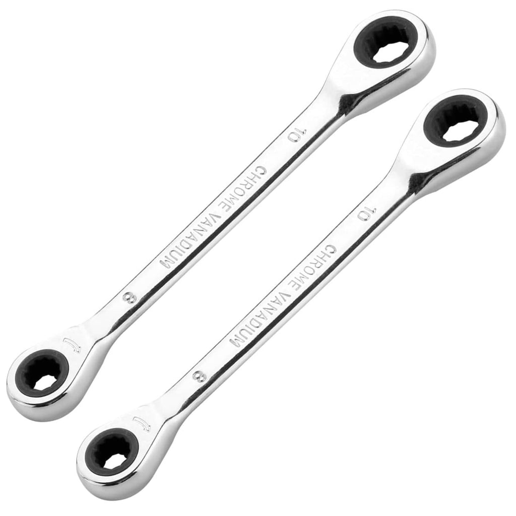 Metric ratcheting double box-end wrench set with chrome finish, 8 mm and 10 mm