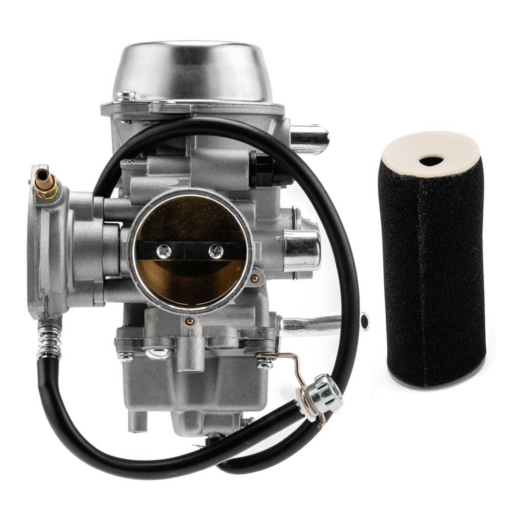 Carburetor assembly with air filter, black hoses, and metal housing