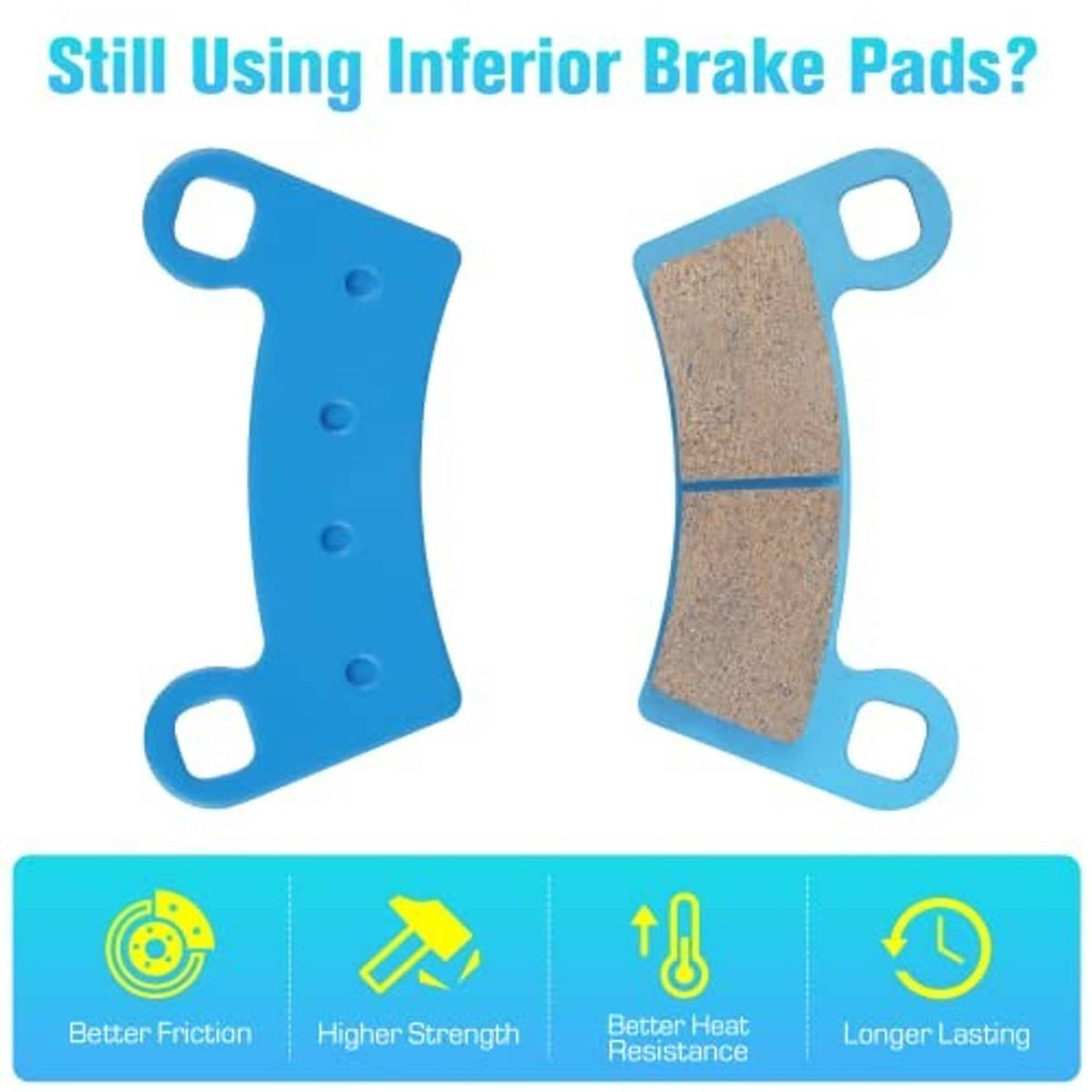 Two ceramic brake pad shapes with blue backing and brown friction blocks