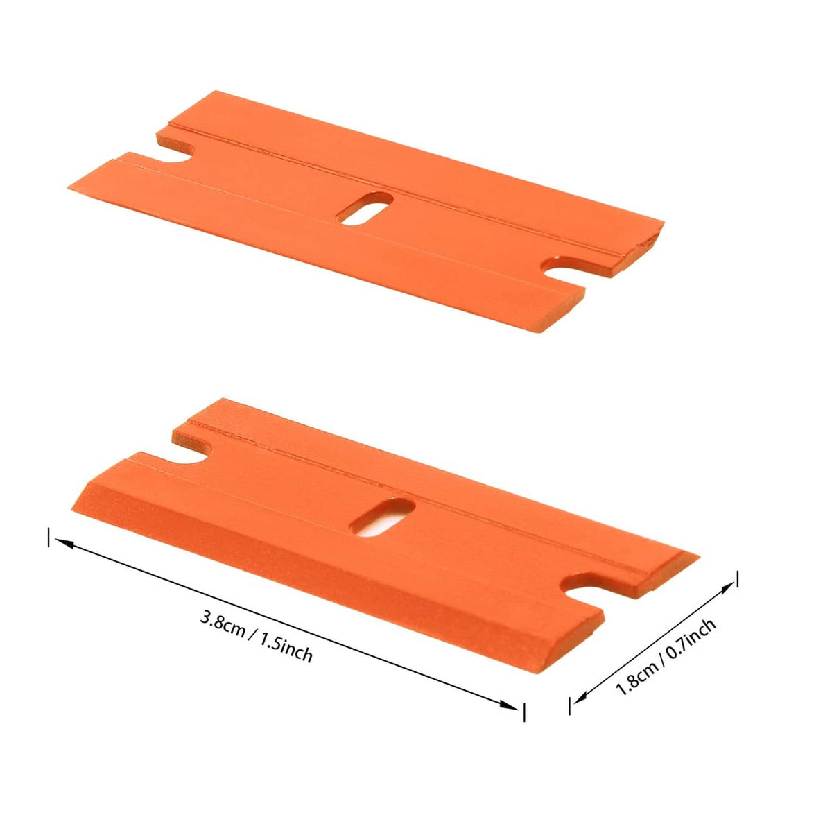 Orange plastic double-edged razor blade with cutout holes, angled view