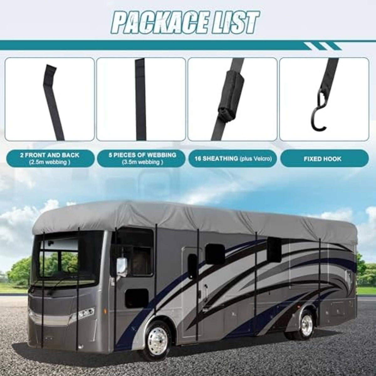 RV roof protection cover with straps and fixed hooks, gray fabric fitted to motorhome