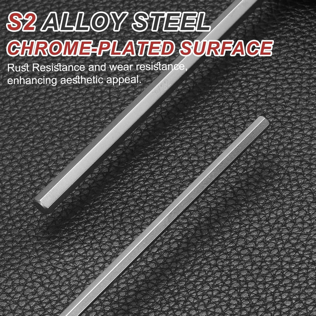 Chrome-plated silver hex screwdriver shafts on textured surface