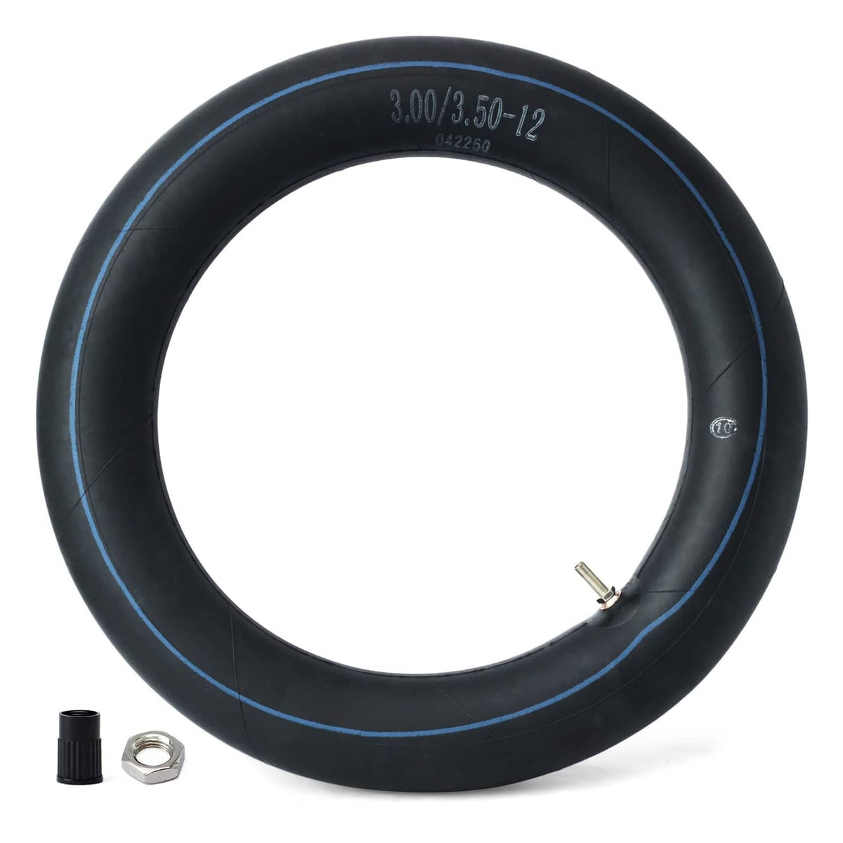 12-inch rear inner tube, black with blue stripe, includes valve stem and valve parts