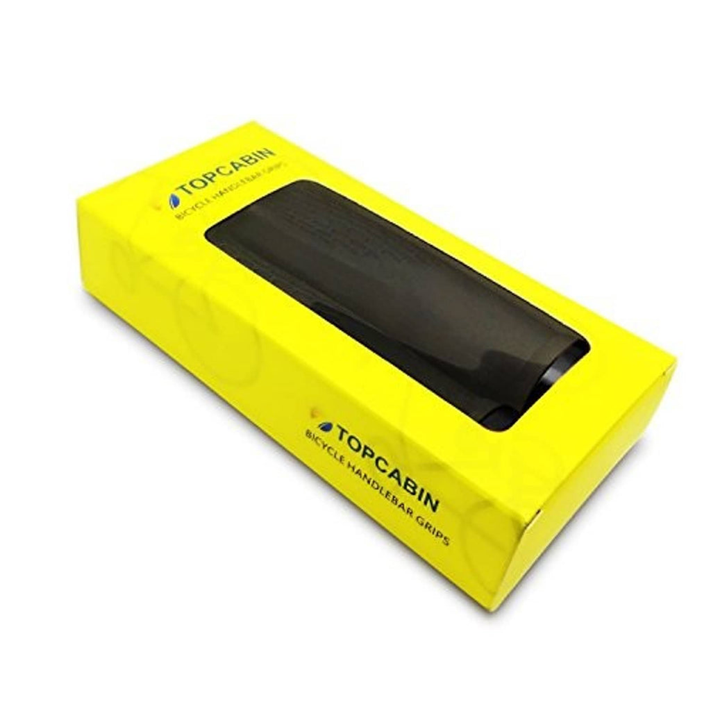 Yellow retail box for black bike handlebar grips with clear window and TOPCABIN logo