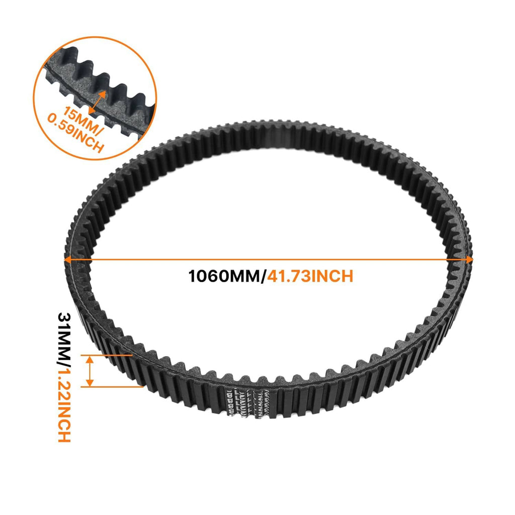 Heavy duty clutch drive belt, black toothed loop shown with size markings