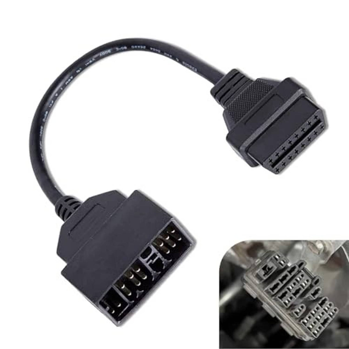 OBD diagnostic adapter cable with angled black 22-pin to 16-pin connectors
