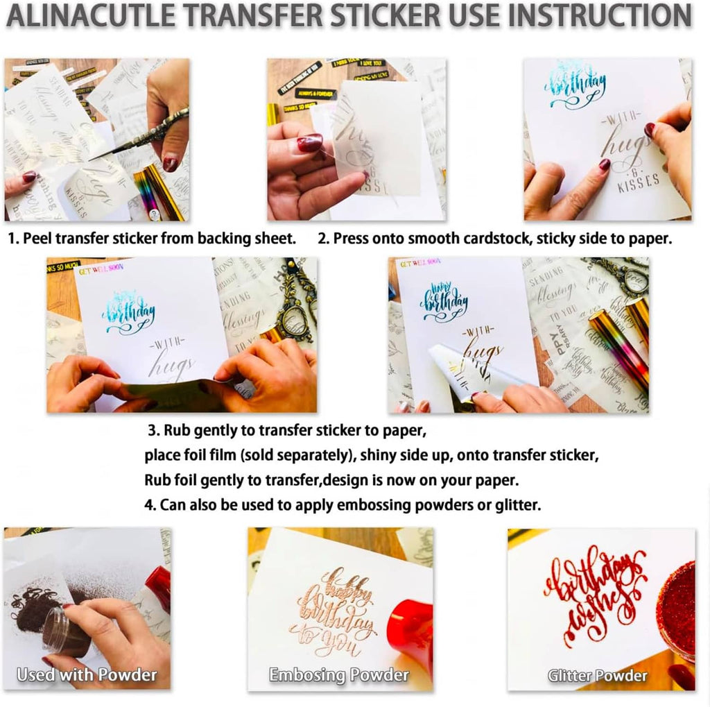 Step-by-step instructions for applying foil transfer stickers to cardstock