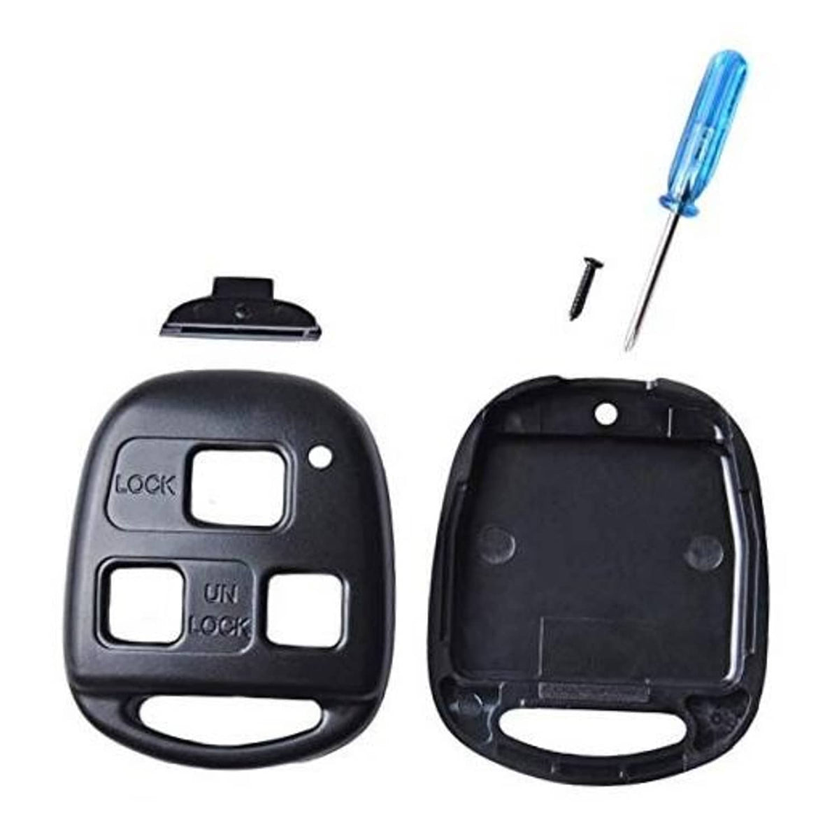 Key fob case shell for remote, front and back with button cutouts, dark gray/black