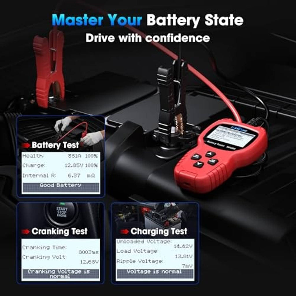 Red battery tester with connected cables and on-screen test buttons