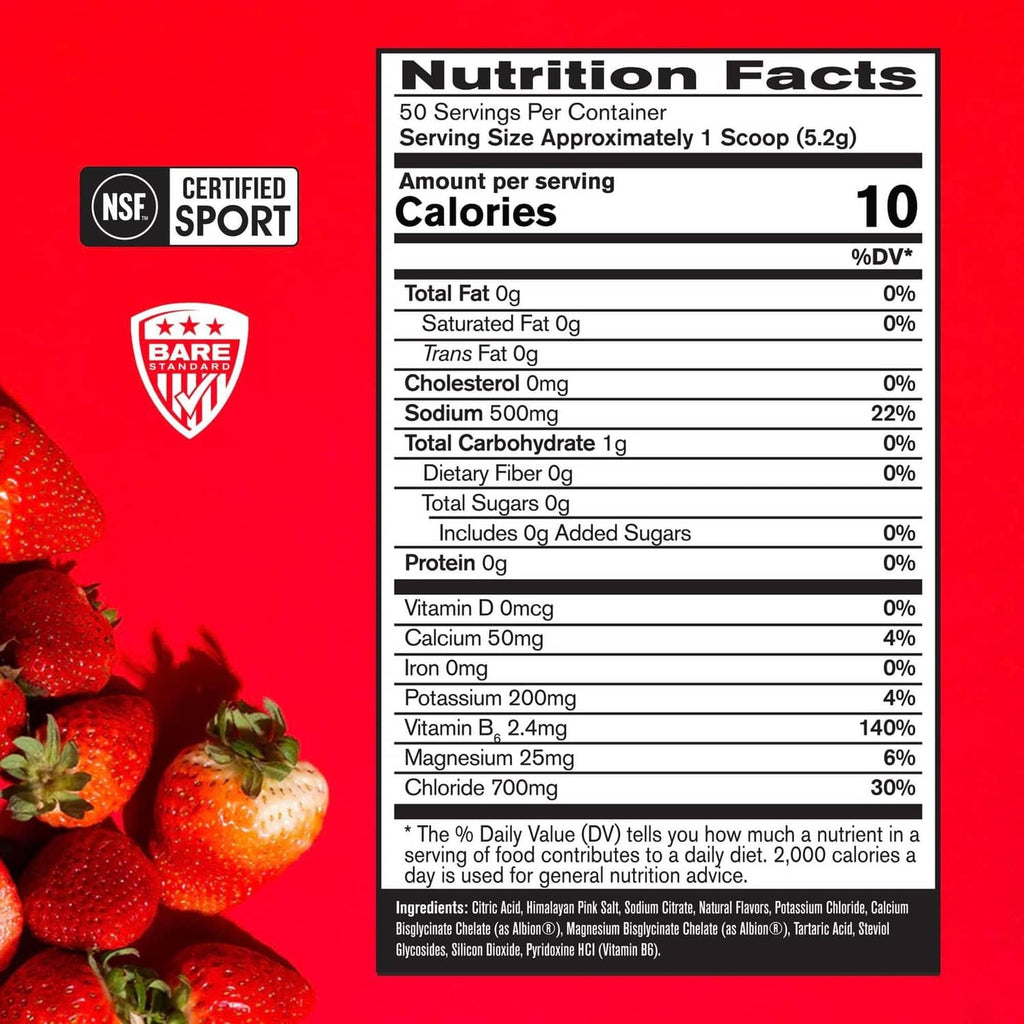 Electrolytes drink mix Nutrition Facts panel with serving and ingredient details