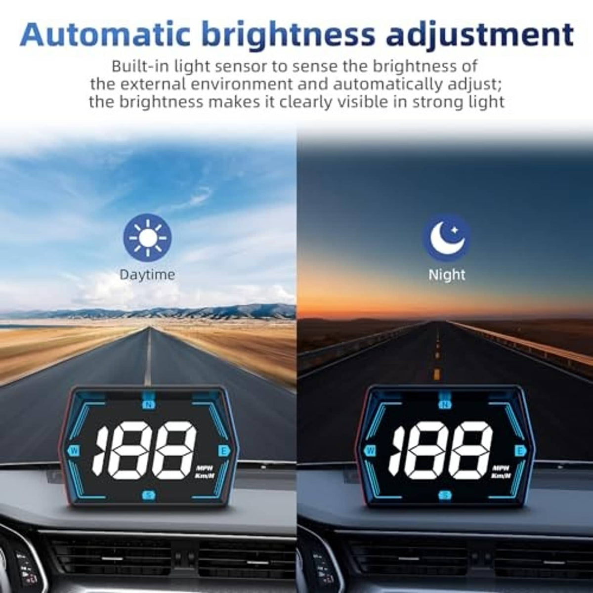 Car HUD speedometer display with auto brightness shown in daytime and night viewing