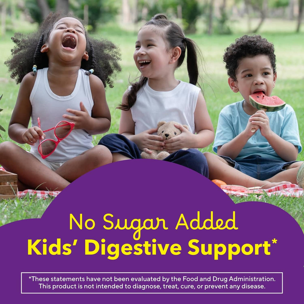 Kids fiber gummy bears marketing image with three children outdoors