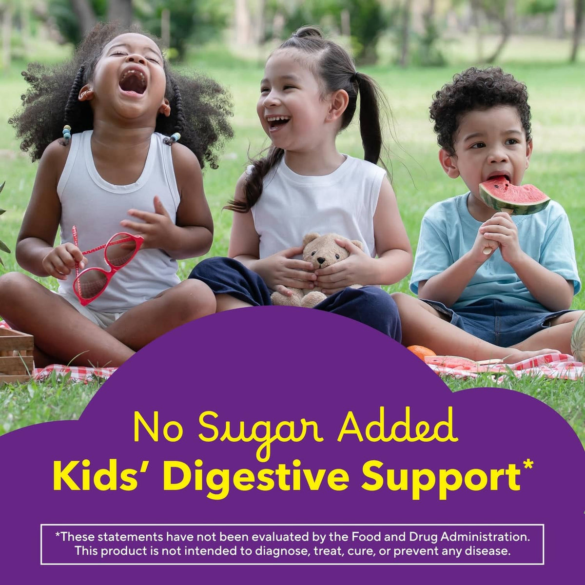 Kids fiber gummy bears marketing image with three children outdoors