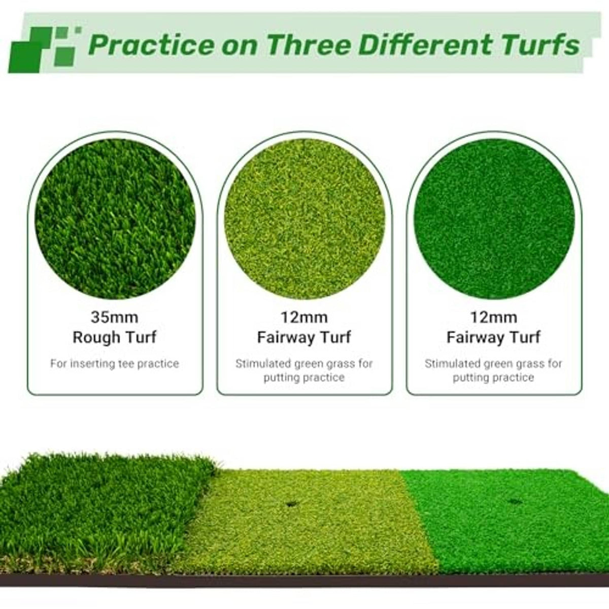 Tri-turf golf mat with rough and fairway-style sections and putting green zone