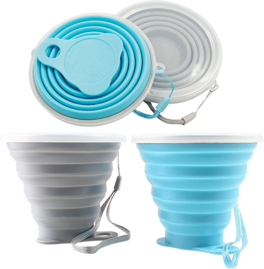 Foldable silicone travel cups, blue and gray, nested with loops