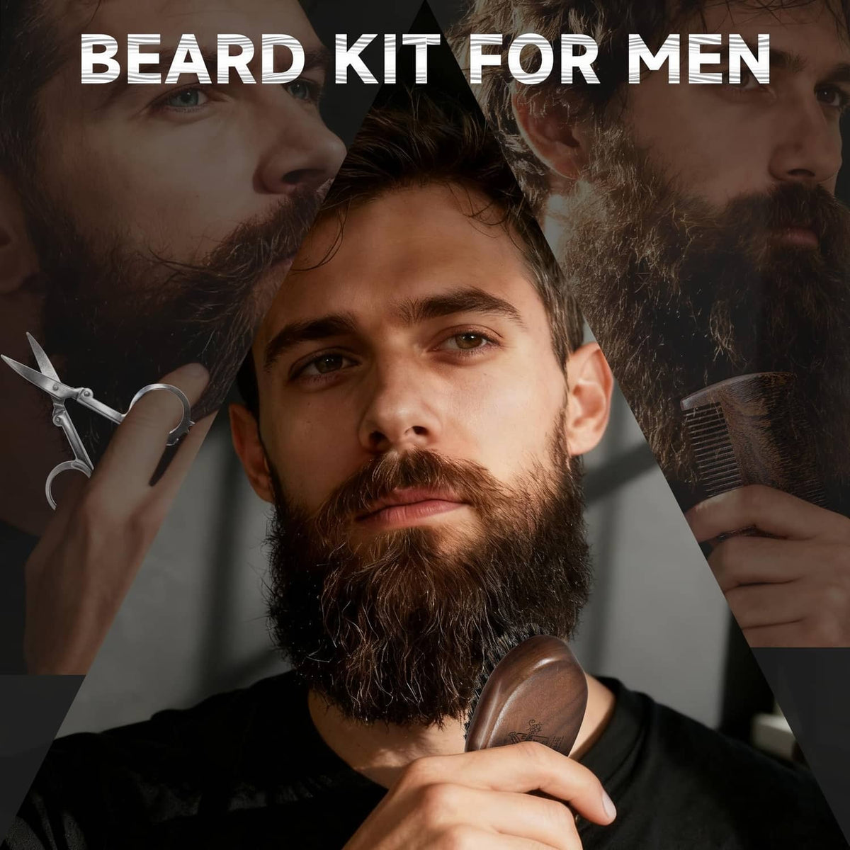 Beard grooming kit featuring a folding trimmer held near the beard
