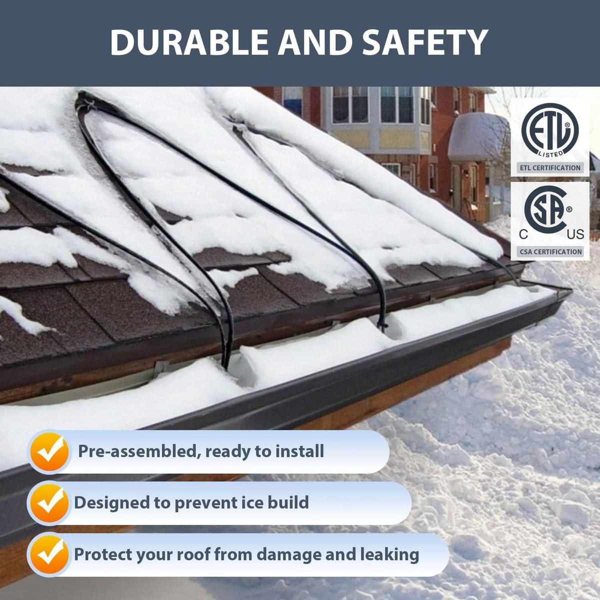 Parallel de-icing heating cable lines on snow-covered roof edge