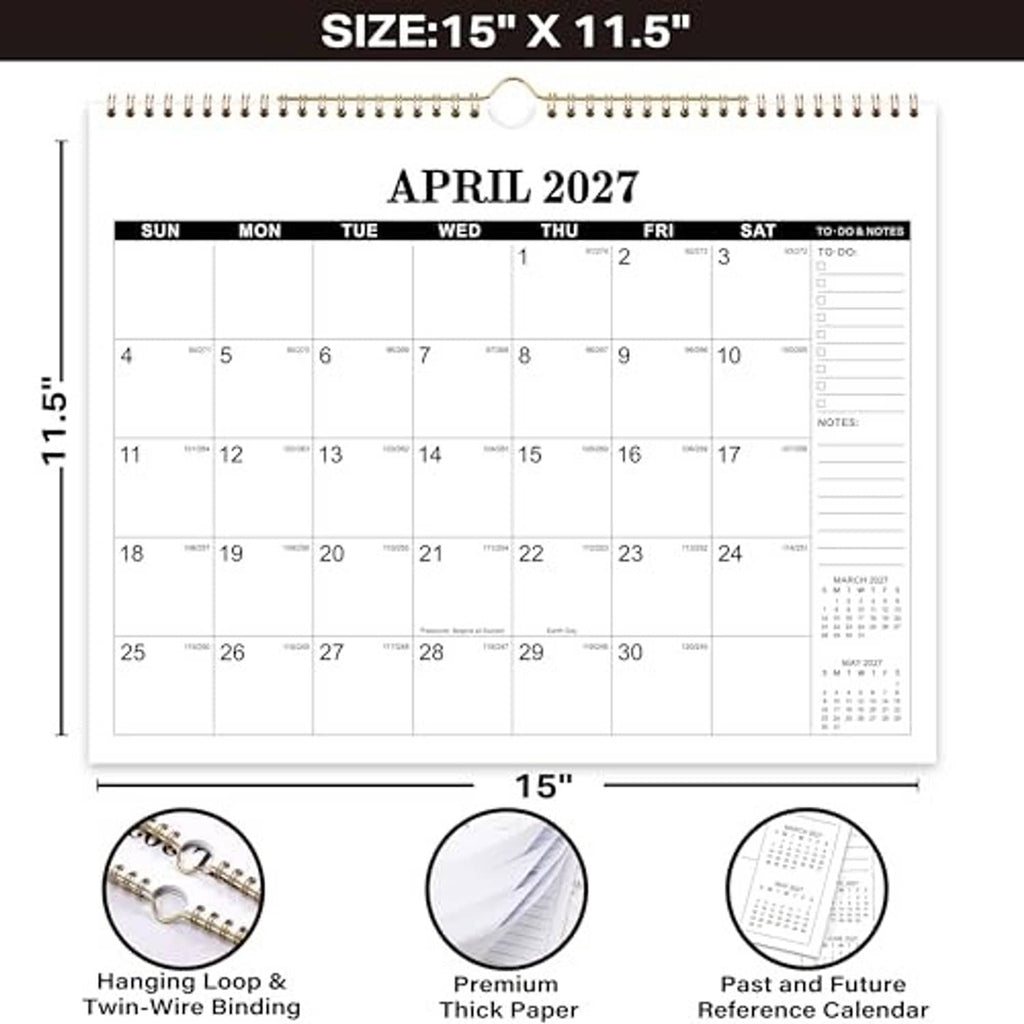 April 2027 wall calendar in 15 x 11.5 size with to-do & notes section