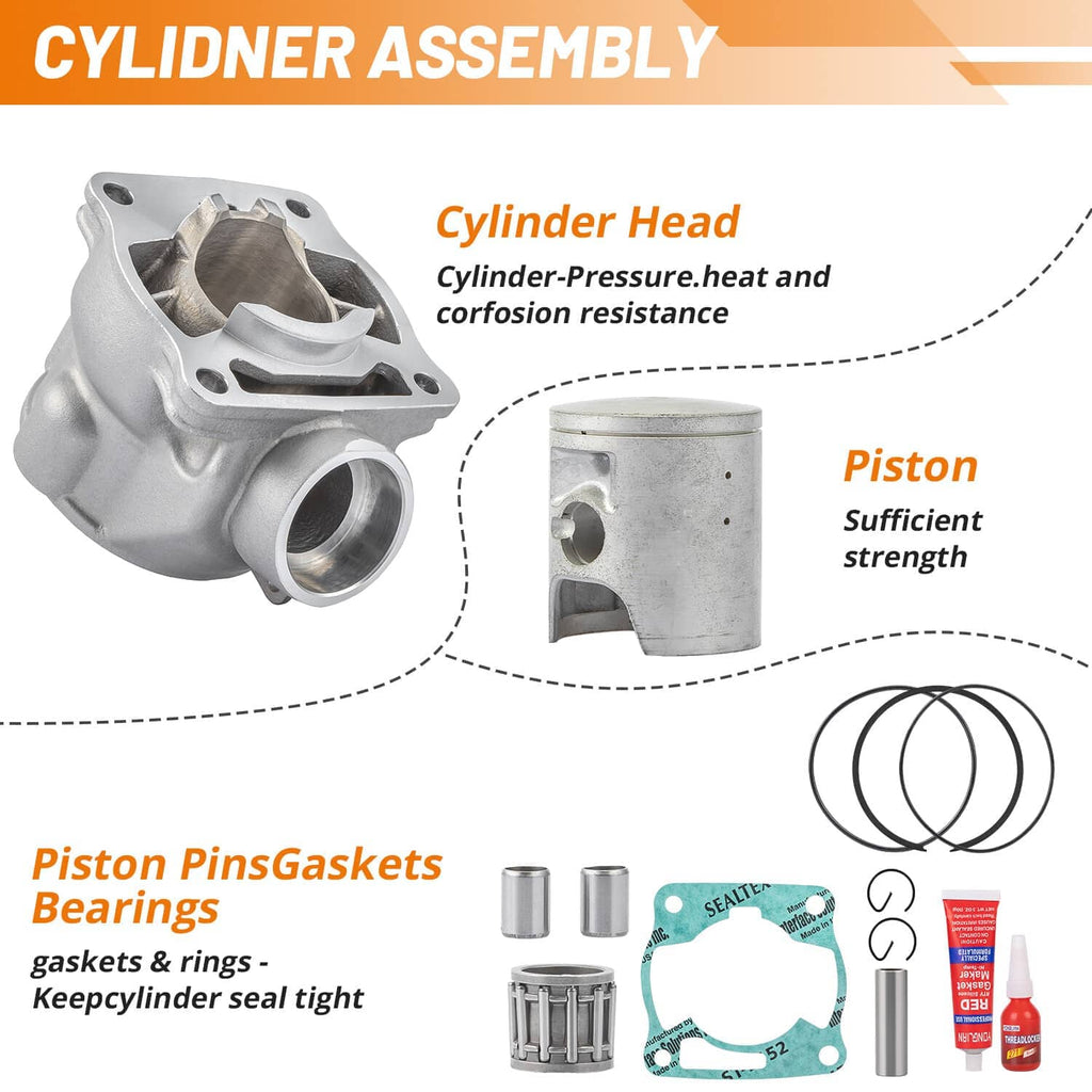 Cylinder assembly diagram with cylinder head, piston, wrist pin, gaskets, rings, and sealant