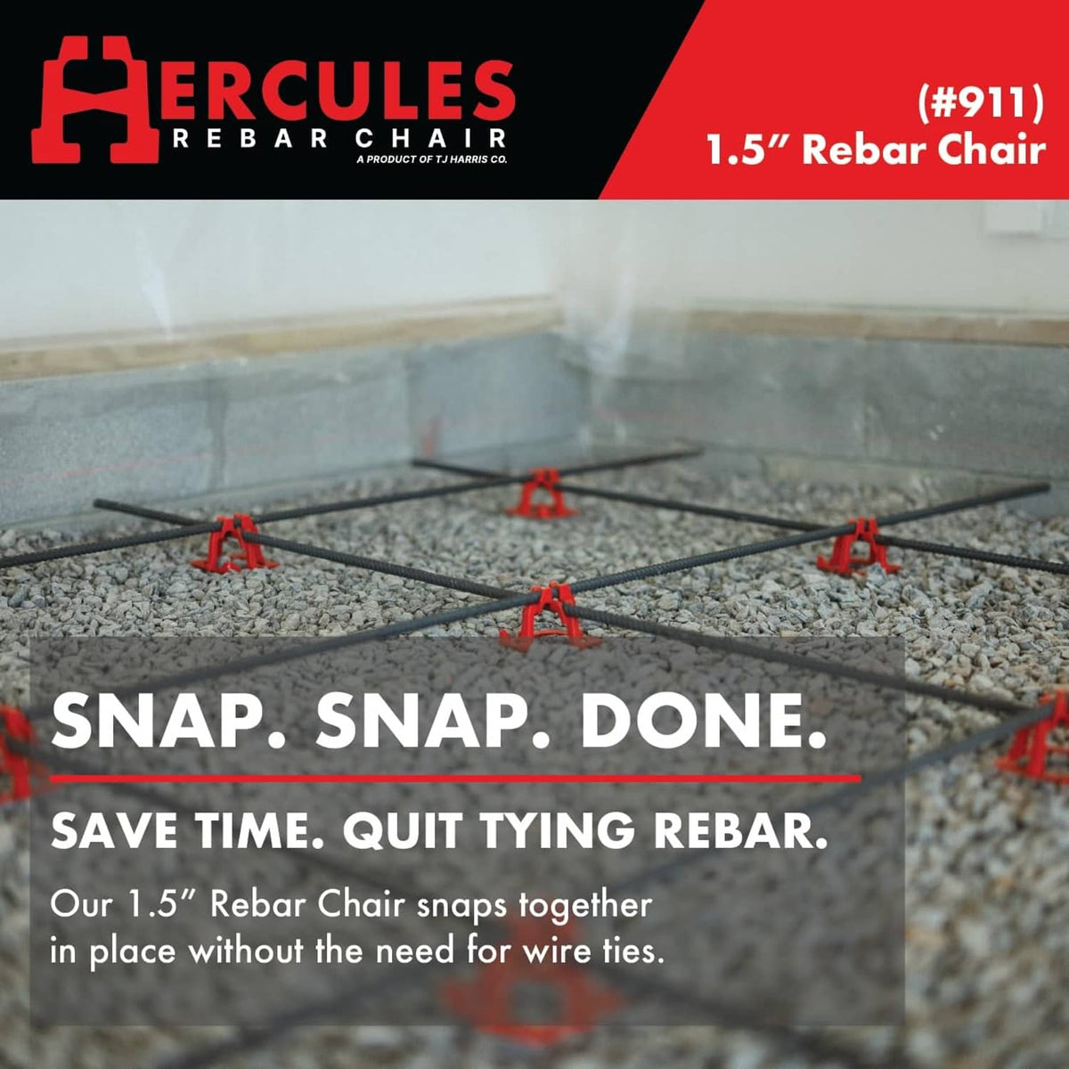 Red 1.5 in rebar chair snapping onto steel rebar over concrete