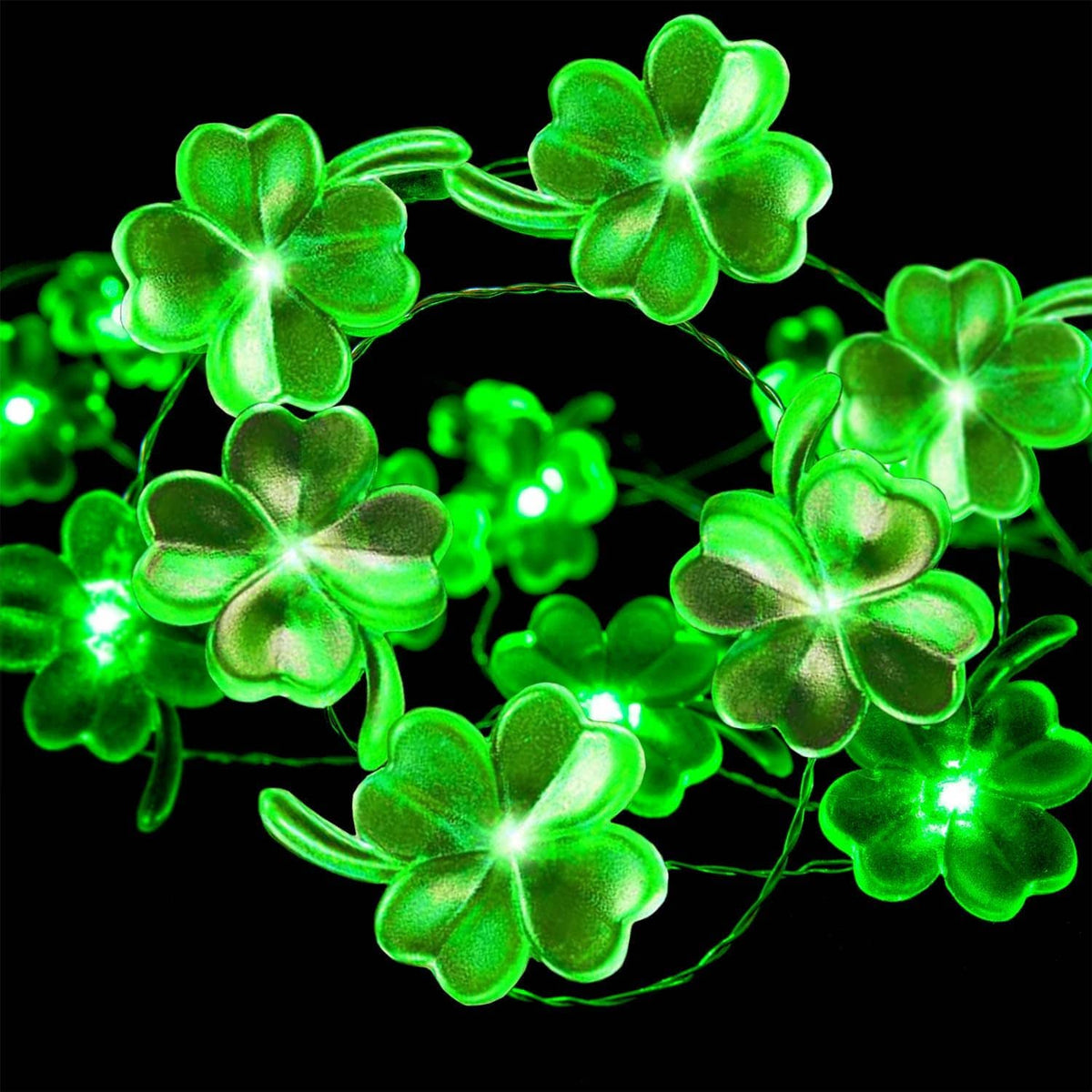 Green shamrock string lights with glowing LEDs for battery timer