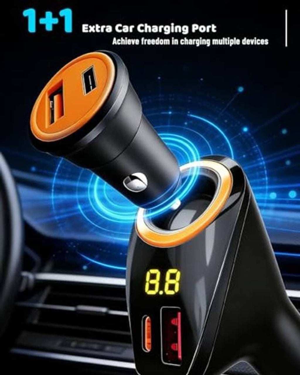 Black car cigarette lighter splitter adapter with built-in USB ports and 8.8 LED display