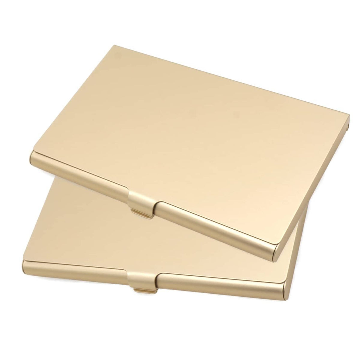 Slim gold aluminum business card holder with hinged cover and bar clasp, closed view