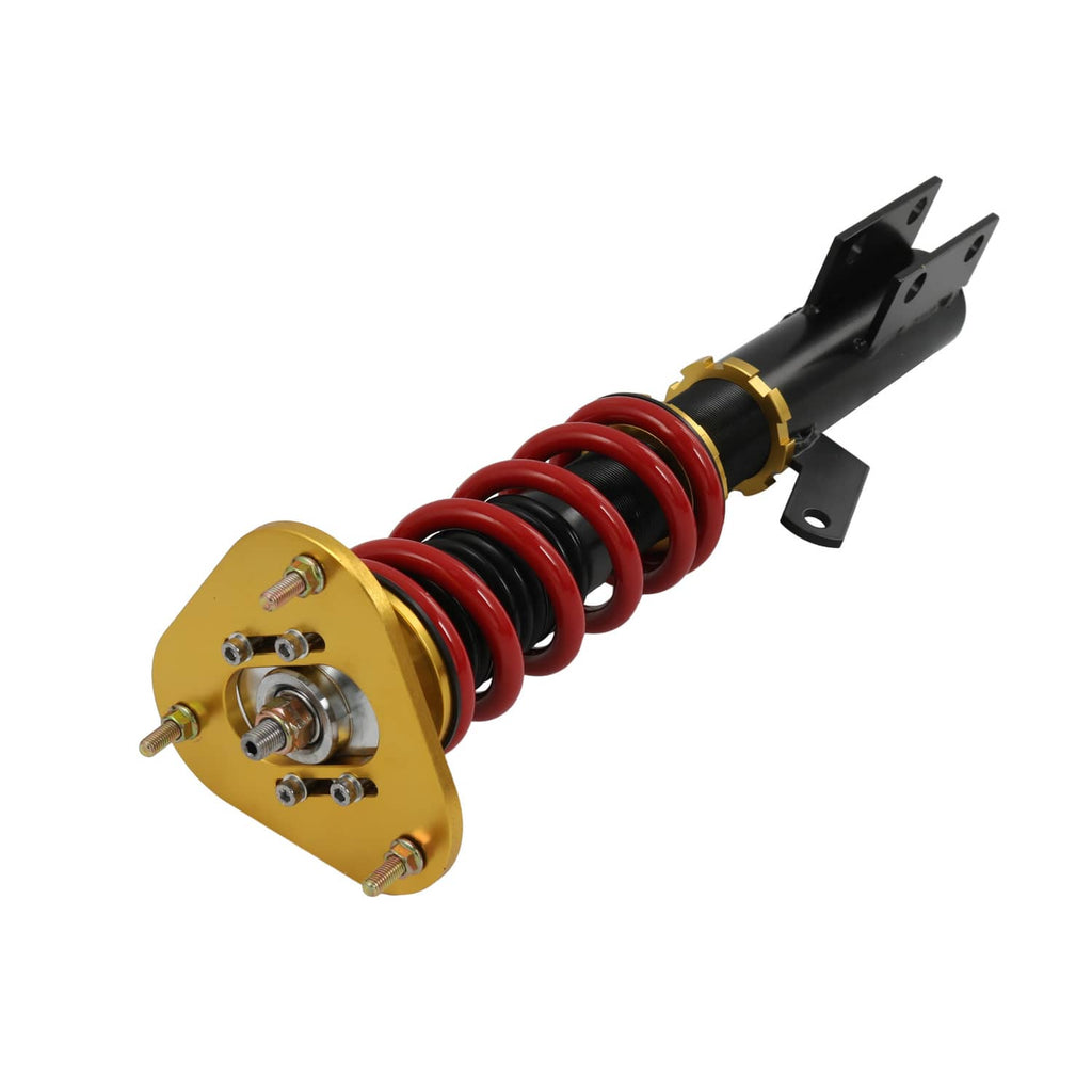 Adjustable coilover strut with gold top mount, red spring, black damper