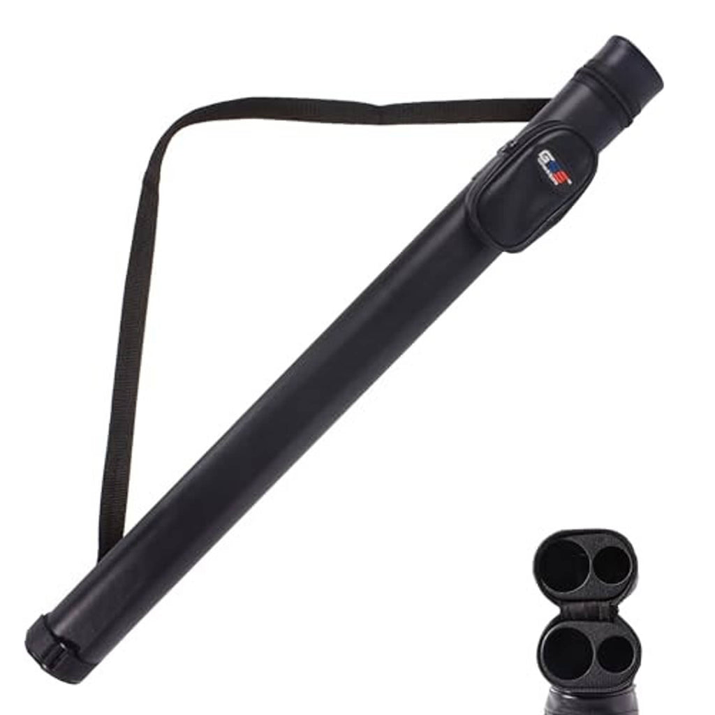 Black billiard cue case with shoulder strap and round two-cue end holder