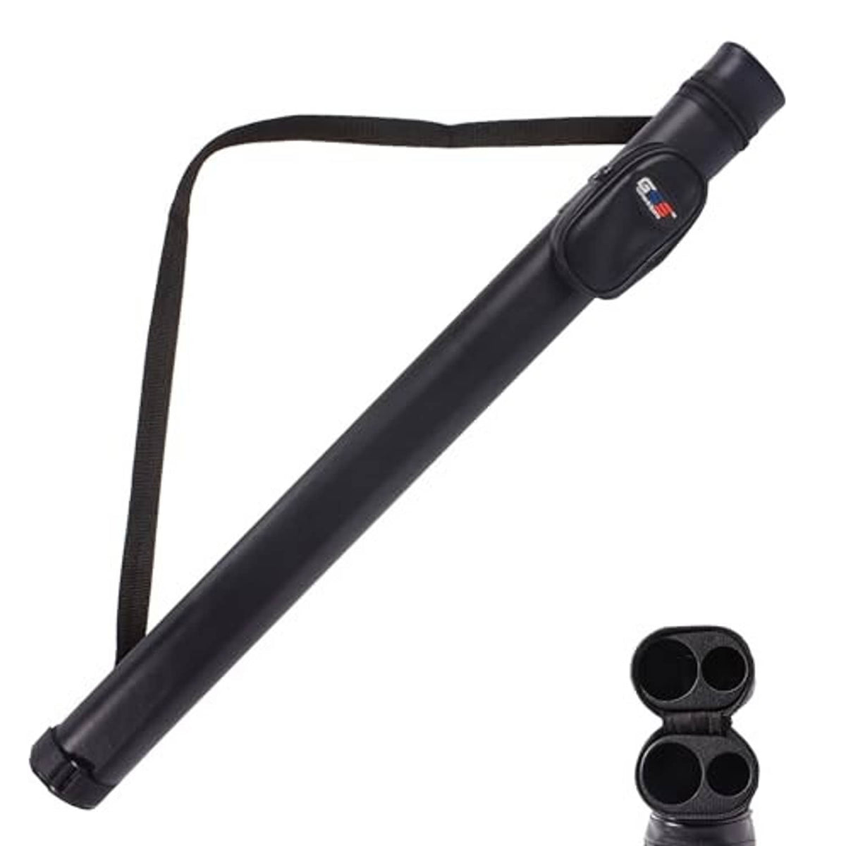 Black billiard cue case with shoulder strap and round two-cue end holder