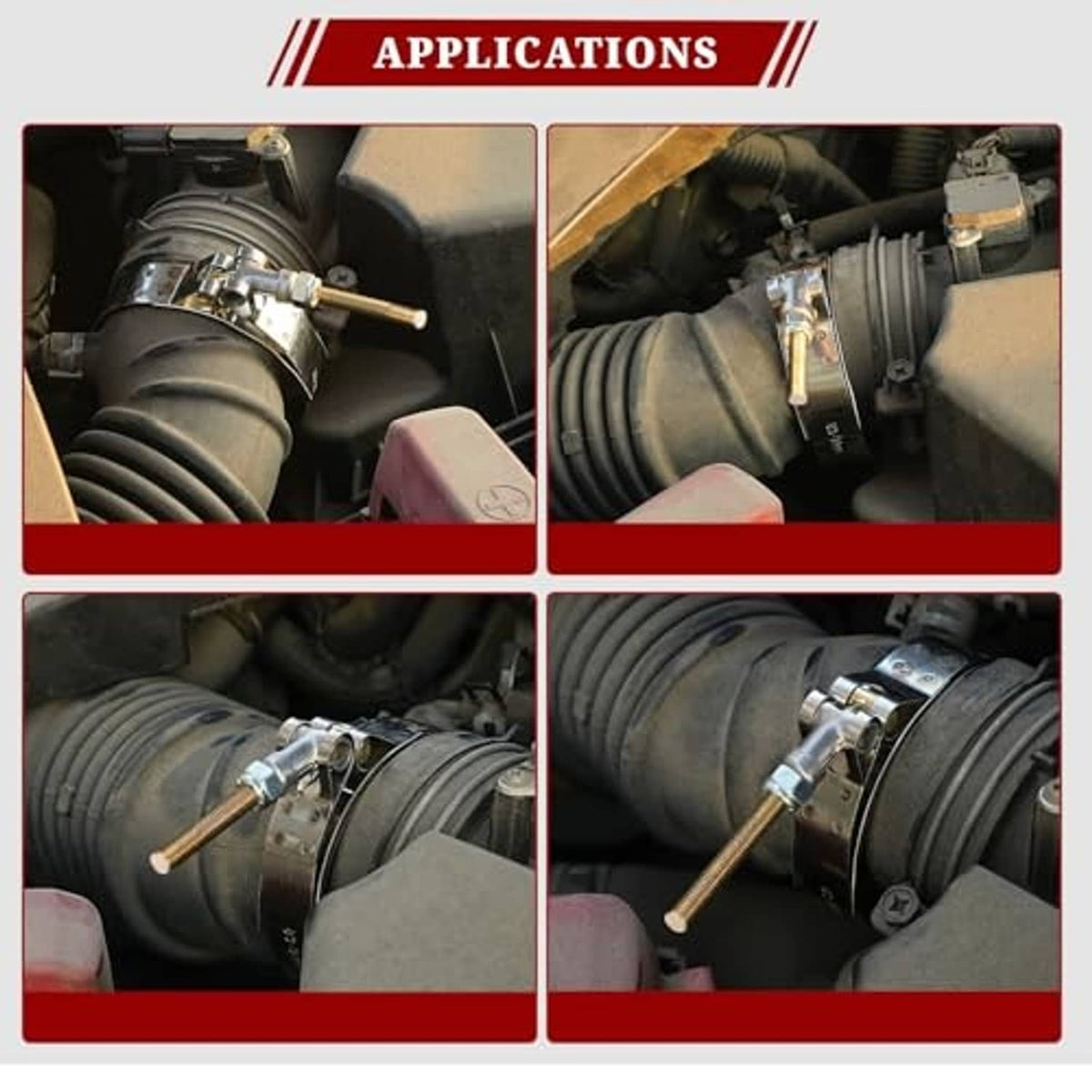 T-bolt hose clamps mounted on engine hoses and intake tubing for secure connections