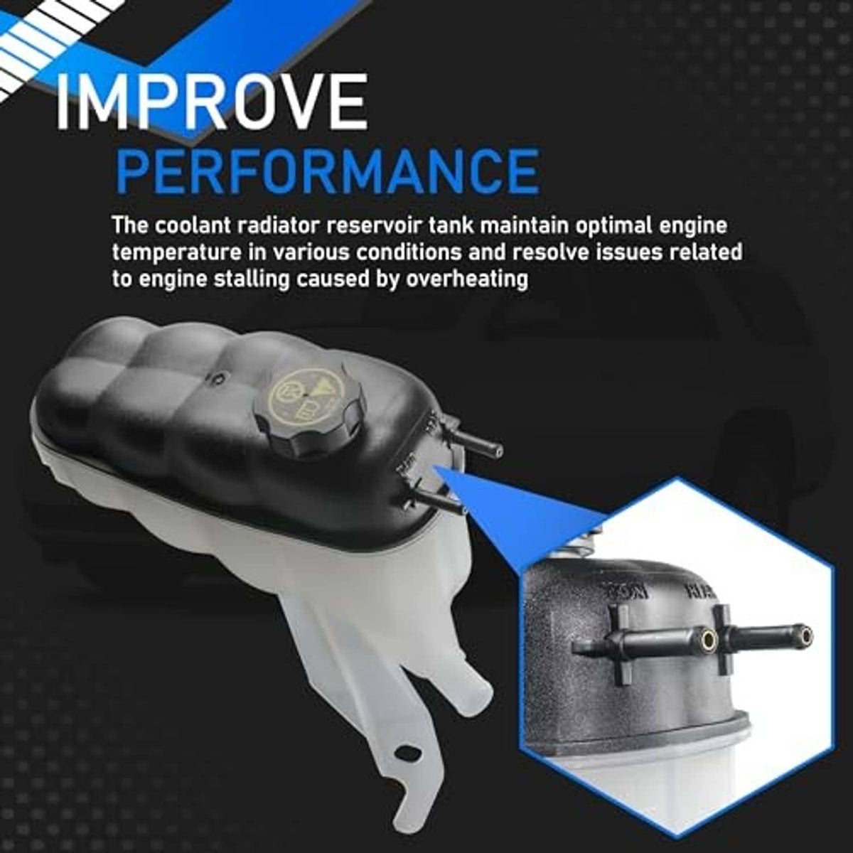 Coolant expansion reservoir tank with black cap and two metal fitting ports