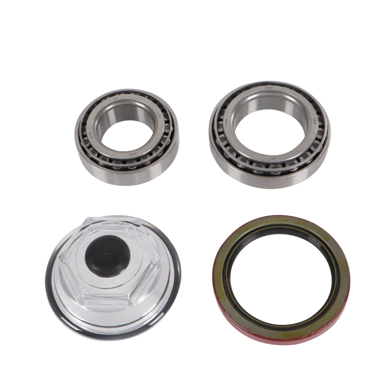 Trailer bearing kit showing two bearings, grease seal, and clear oil cap