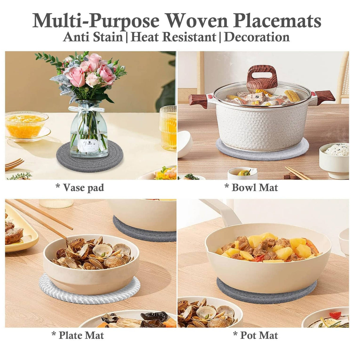 Set of round woven gray placemat and trivet pads for plates, bowls, and pots