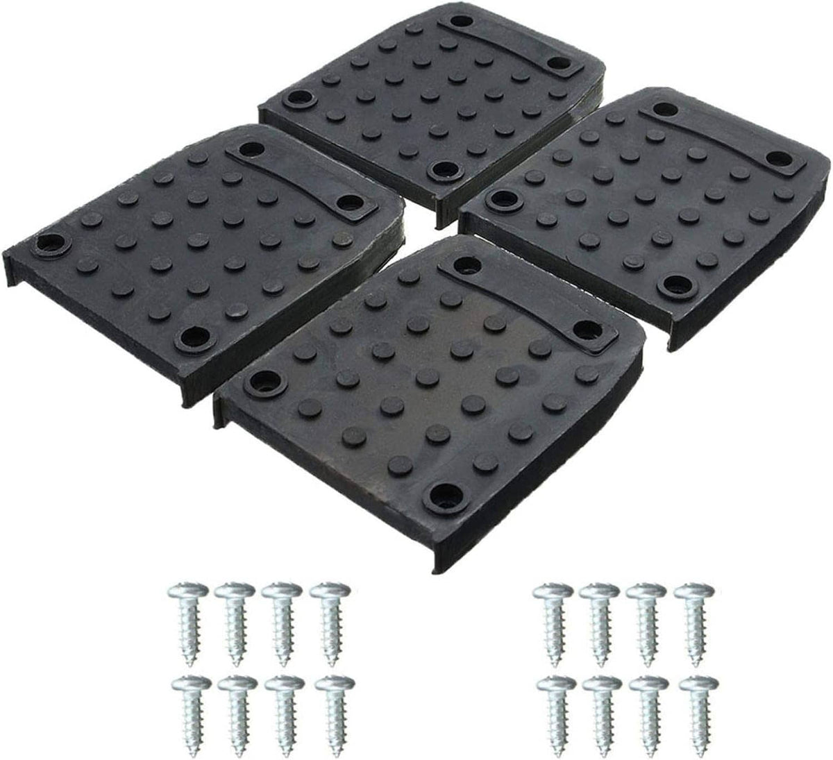 Black rubber anti-slip pads with raised tread dots and screw holes (4-piece kit)