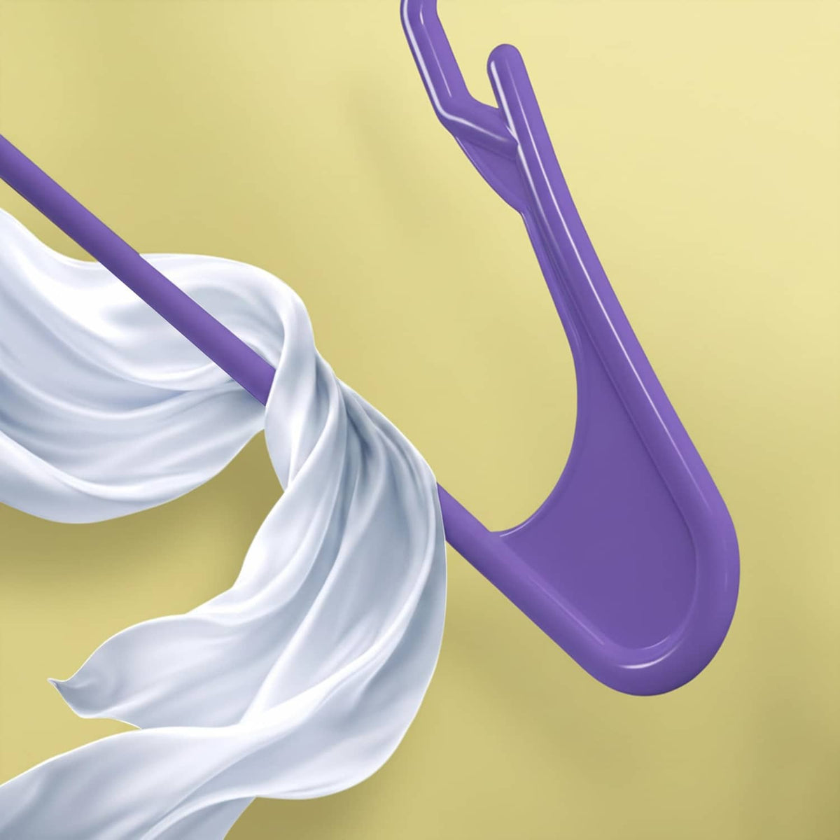 Purple plastic hanger with curved hook and smooth, flexible body