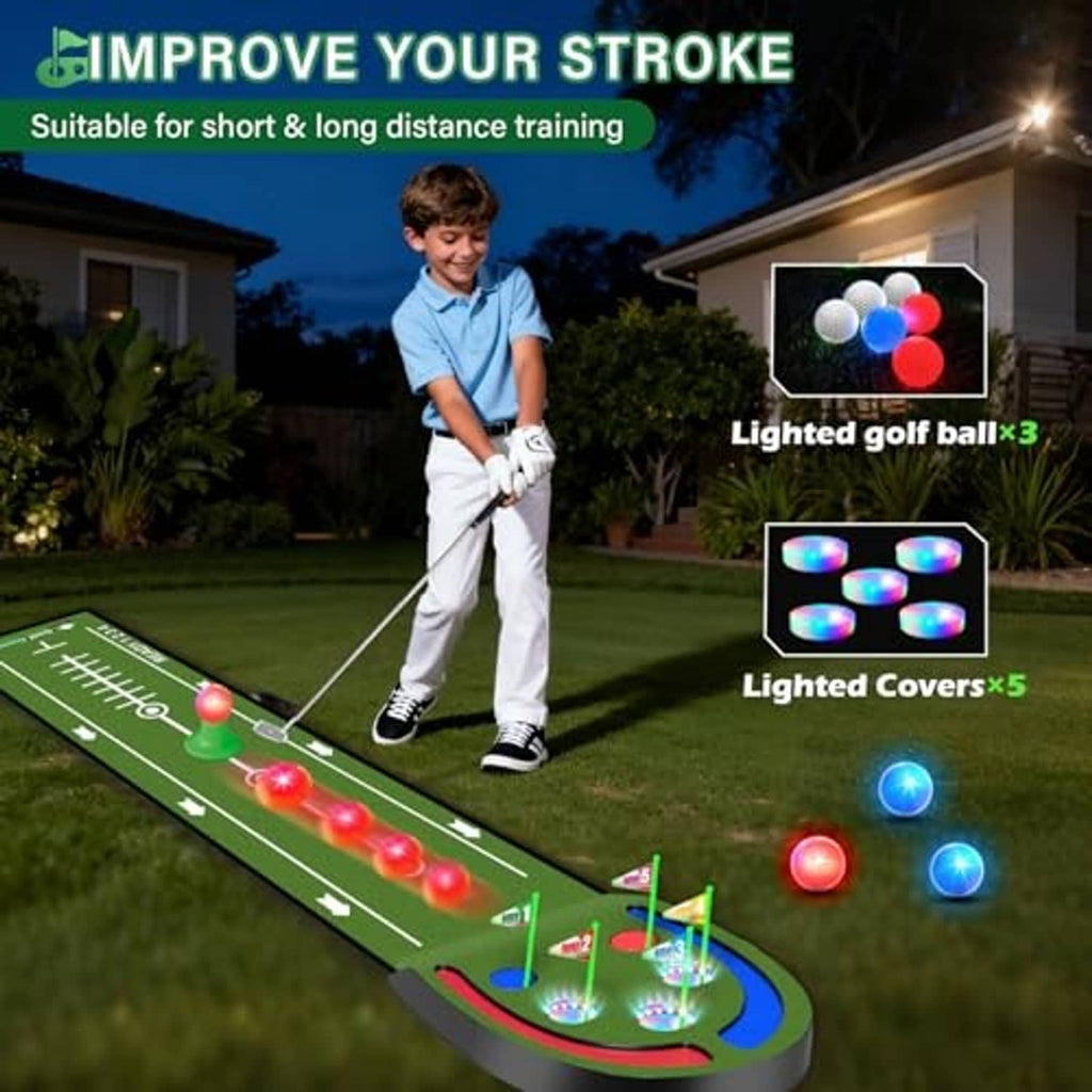 Light-up kids golf putting mat with glowing balls and green cup targets