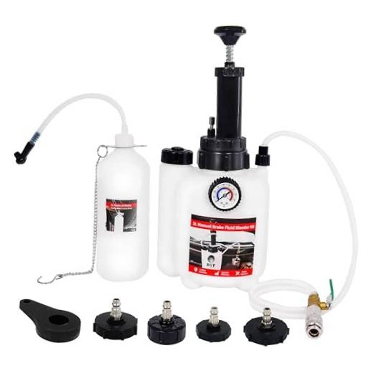 Manual brake fluid bleeder kit: 3L pump, bottle, hoses, and adapter caps
