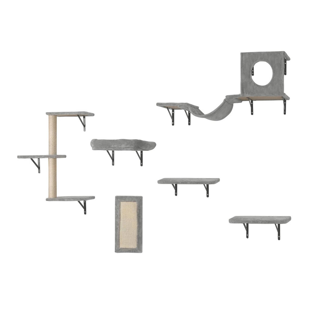 Wall-mounted cat shelf set with gray perches, hammock ramp, and circular cubby