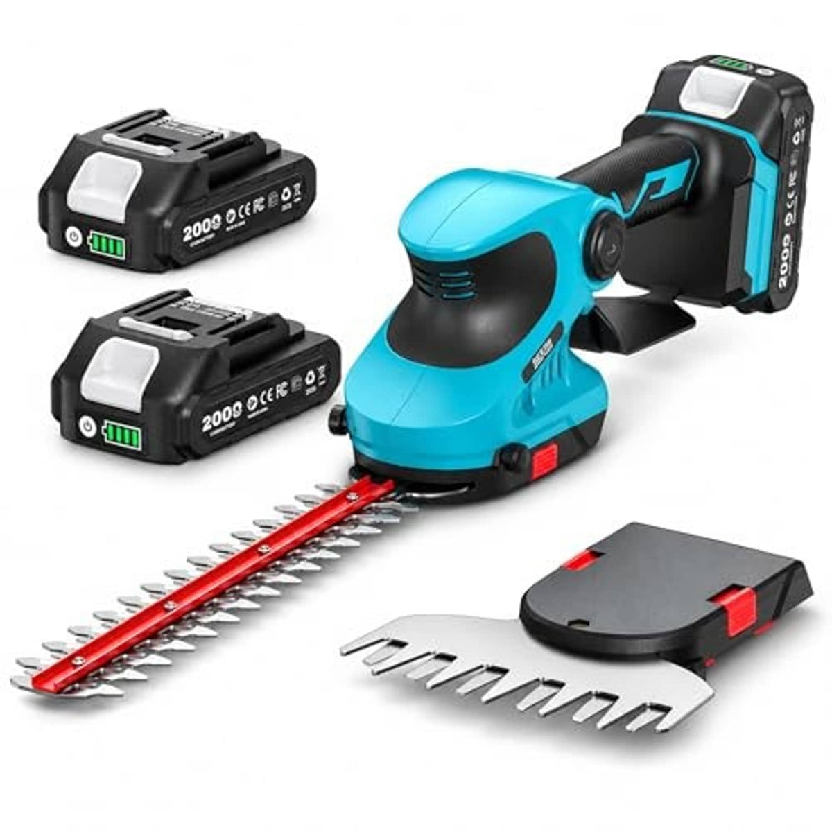 Cordless blue hedge trimmer with red blade and detachable grass-shear head