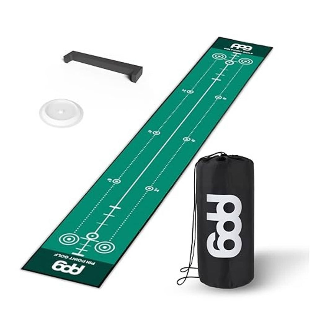Green putting mat with distance markers, alignment bar, and black training cup bag