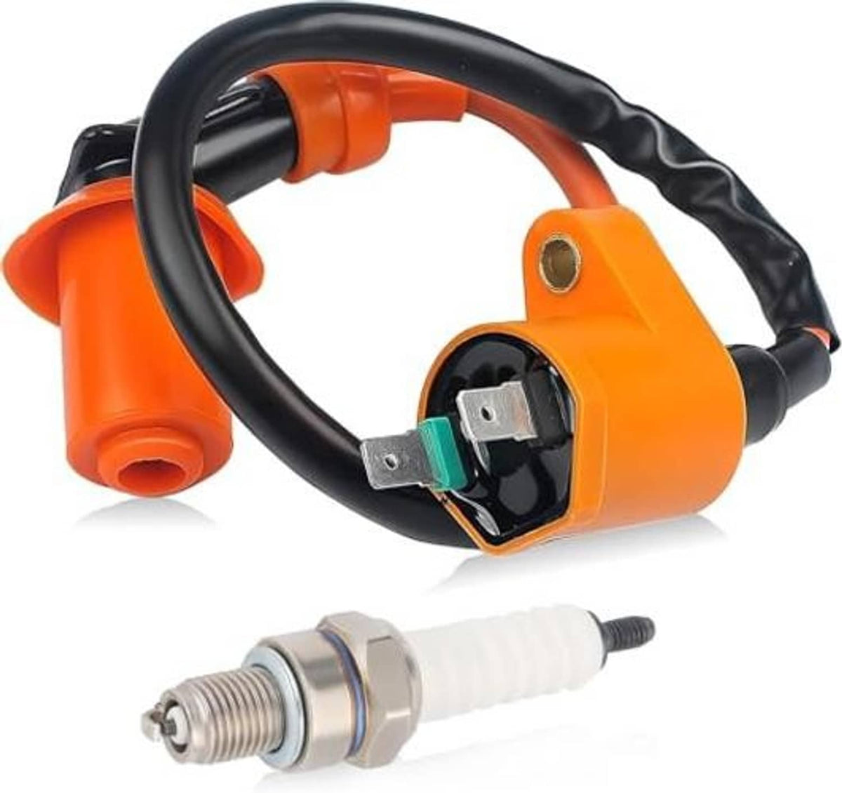 Ignition coil assembly with spark plug and orange-black wiring harness.