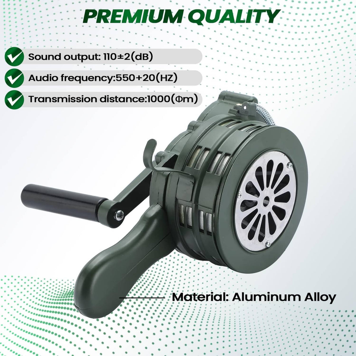 Green crank air raid siren with white speaker center and side crank handle