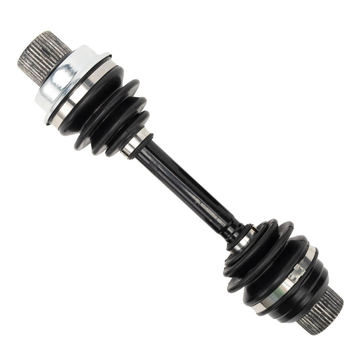 Front differential drive shaft angled view with one metal splined end and black boot
