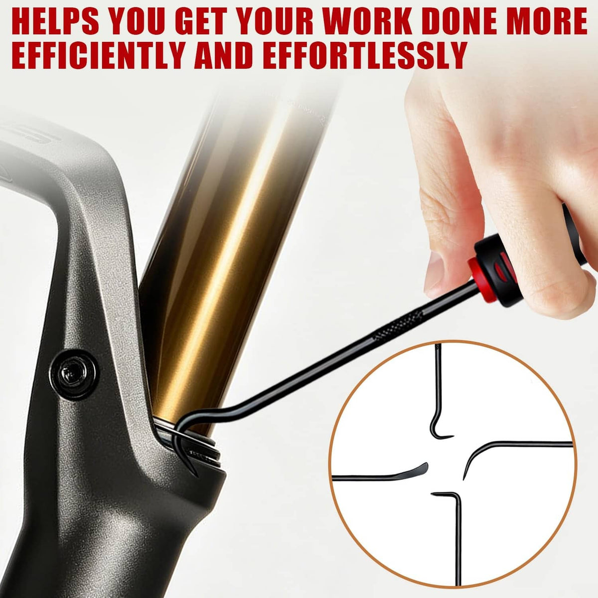 Hook pick tool with black-red handle in use near vehicle panel clip.