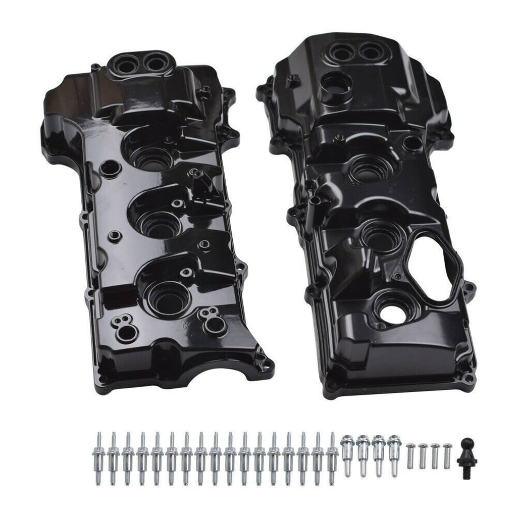 Black valve covers with bolt kit showing round ports, oil cap opening, and hardware