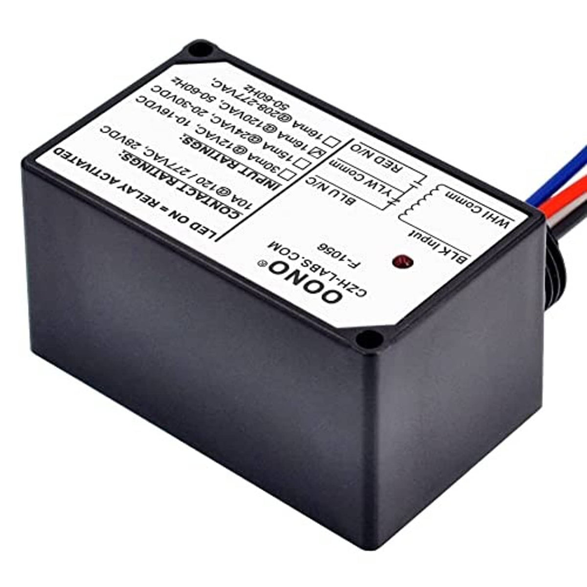 Power relay module rear view with black enclosure, spec label, and blue/red cable leads.