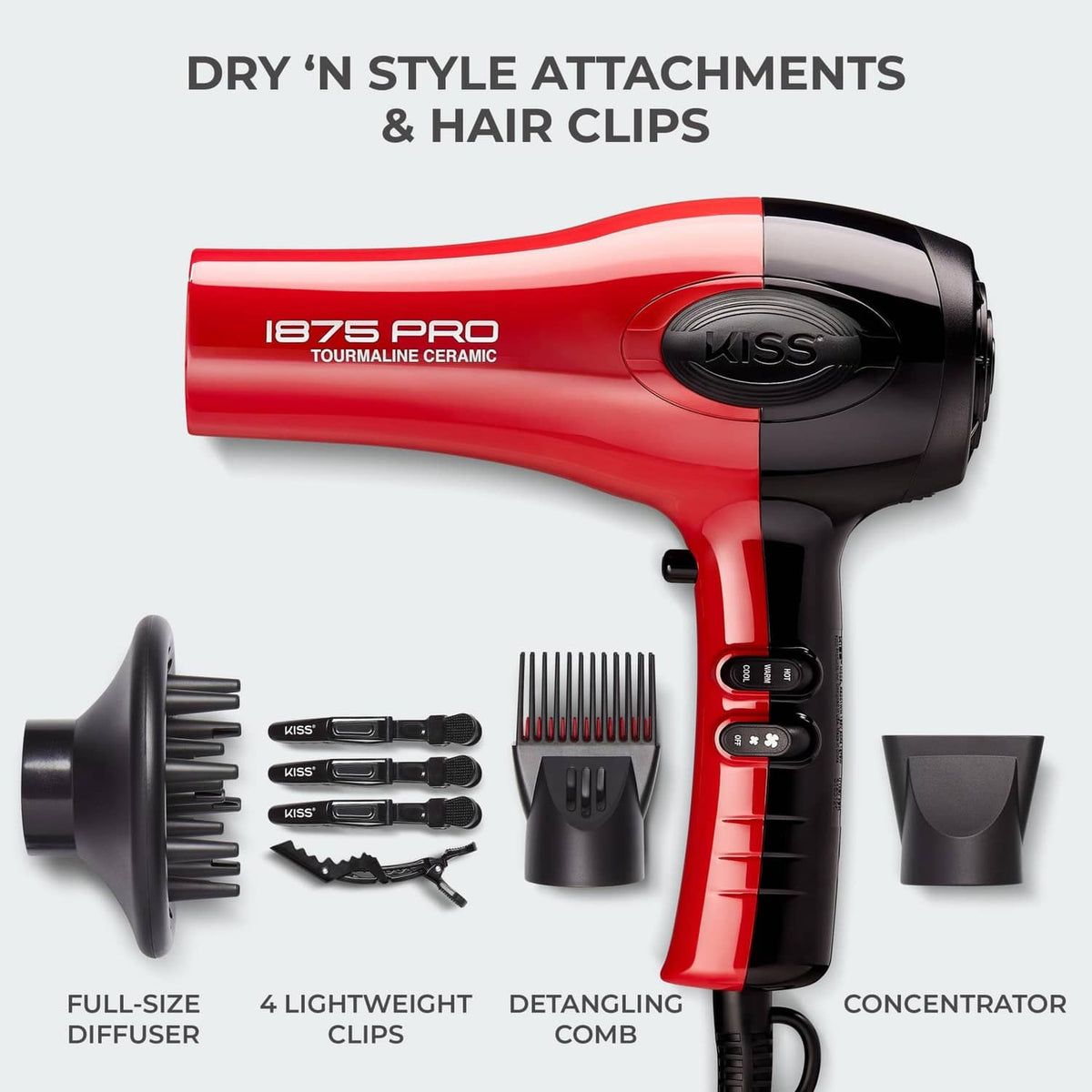 Red and black hair dryer kit with diffuser, concentrator, comb, and lightweight clips