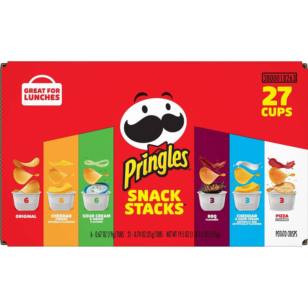 Pringles Snack Stacks box front with 27 cups and flavor cup images across panels